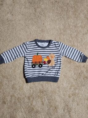Baby Essentials Gray Striped Pullover with Pumpkin & Turkey Applique